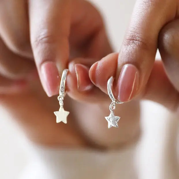 Antiqued Effect Star Charm Huggie Hoop Earrings in Silver