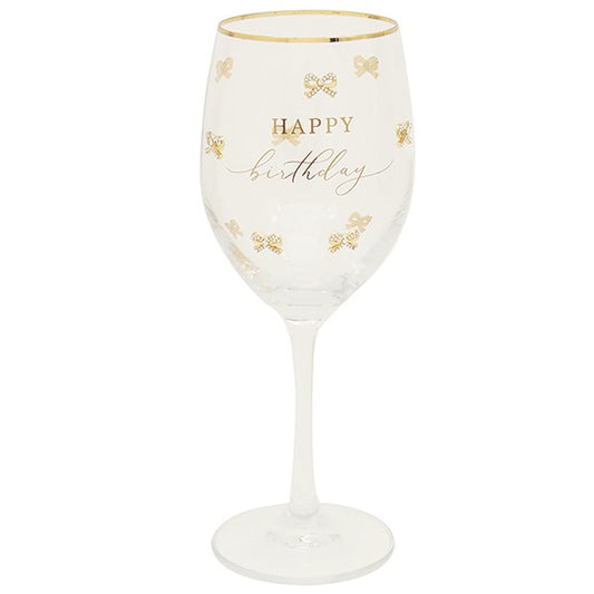 Happy Birthday Gold Bow Wine Glass