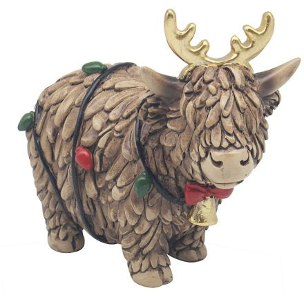 Christmas Highland Cow with Antlers ornament
