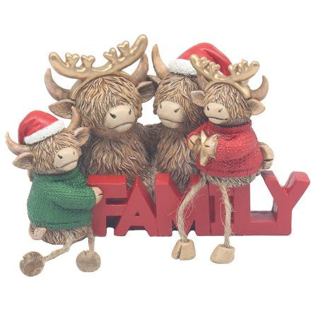 Resin Highland cow dressed as Reindeer Family ornament with “FAMILY” Sign