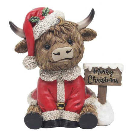 Merry Xmas Sign Highland Cow, 19cm
