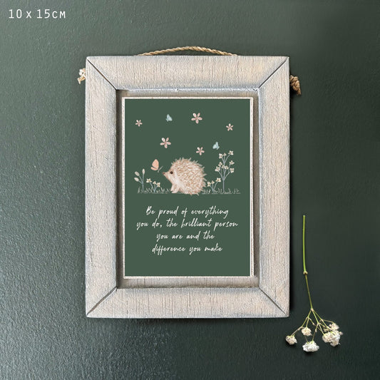 East of India wooden hanging frame Meadow friend pic-Hedgehog