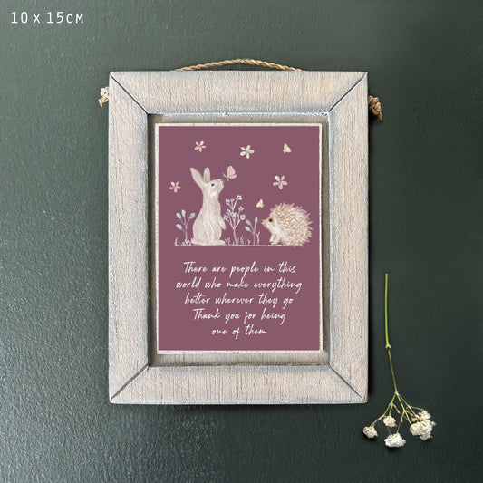 East of India wooden hanging frame Meadow friend pic-Rabbit & Hedgehog