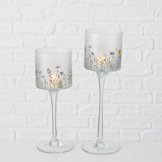 Spring flowers frosted candle holder glass set