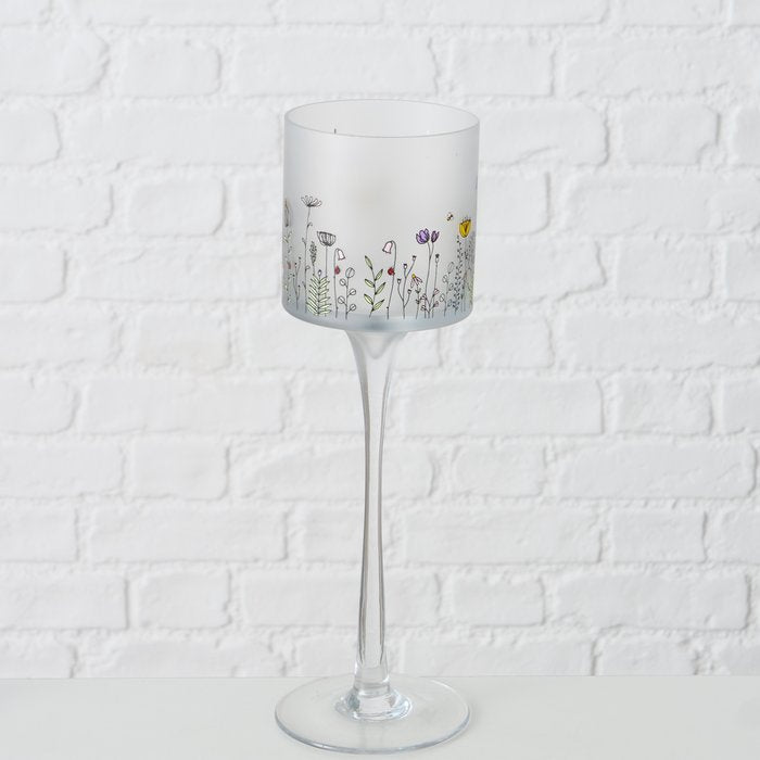 Spring flowers frosted candle holder glass set