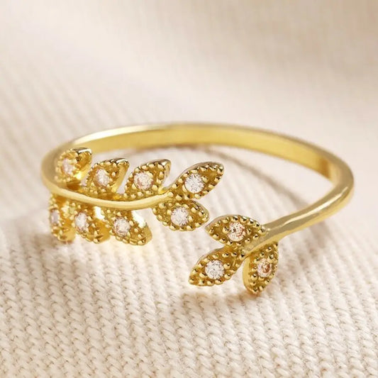 Adjustable Sterling Silver Crystal Fern Leaf Ring in Gold