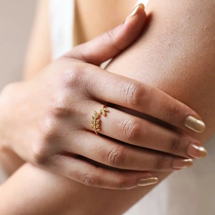 Adjustable Sterling Silver Crystal Fern Leaf Ring in Gold