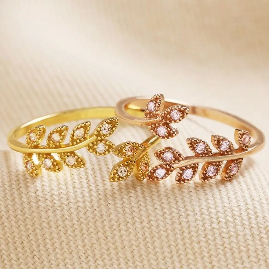 Adjustable Sterling Silver Crystal Fern Leaf Ring in Gold