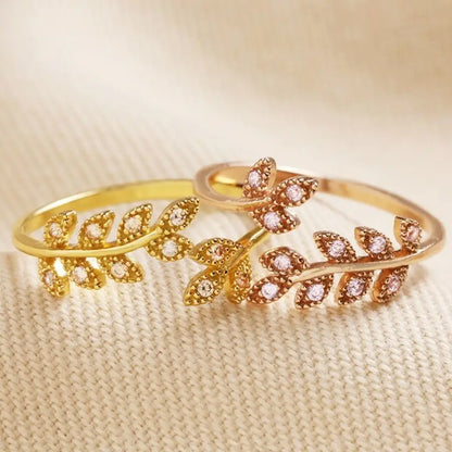 Adjustable Sterling Silver Crystal Fern Leaf Ring in Gold