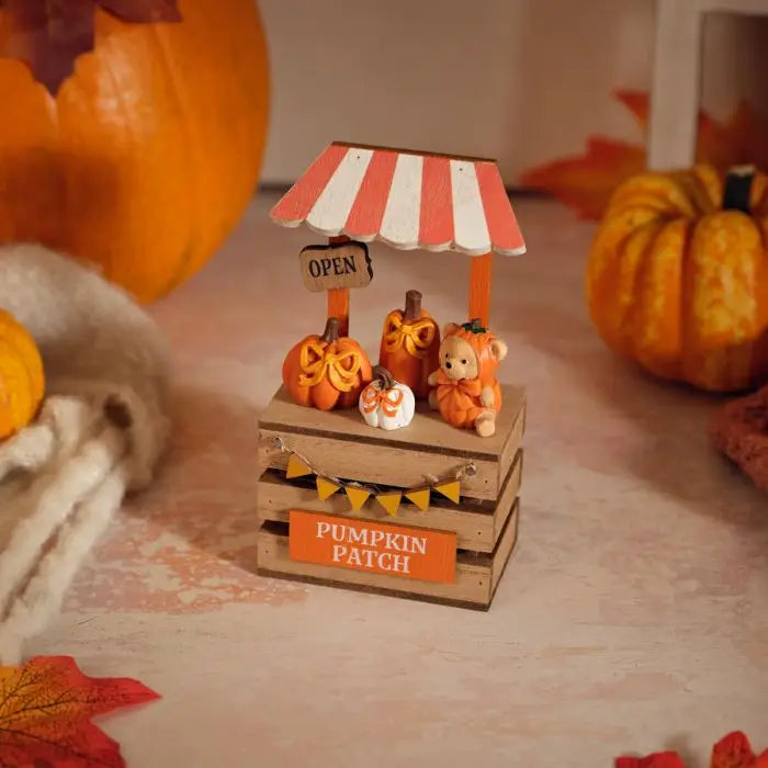 Harvest Home Wood Pumpkin Patch Stall With Resin Teddy And Pumpkins Ornament