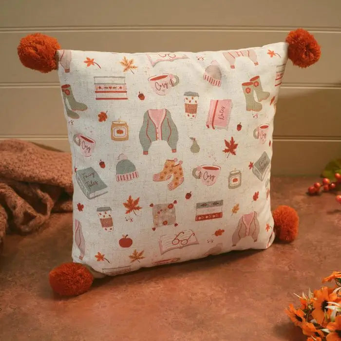 Cosy Chapter Polyester Sweater Weather Cushion With Pom Poms
