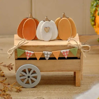 Harvest Home Wood Pumpkin Cart Ornament With Pumpkins And Bunting