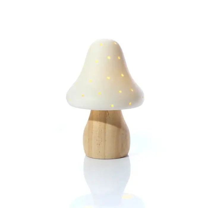 Mushroom Toadstool Porcelain White LED Light With Wood Base