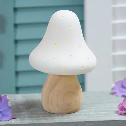 Mushroom Toadstool Porcelain White LED Light With Wood Base