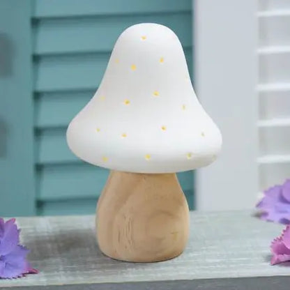 Mushroom Toadstool Porcelain White LED Light With Wood Base