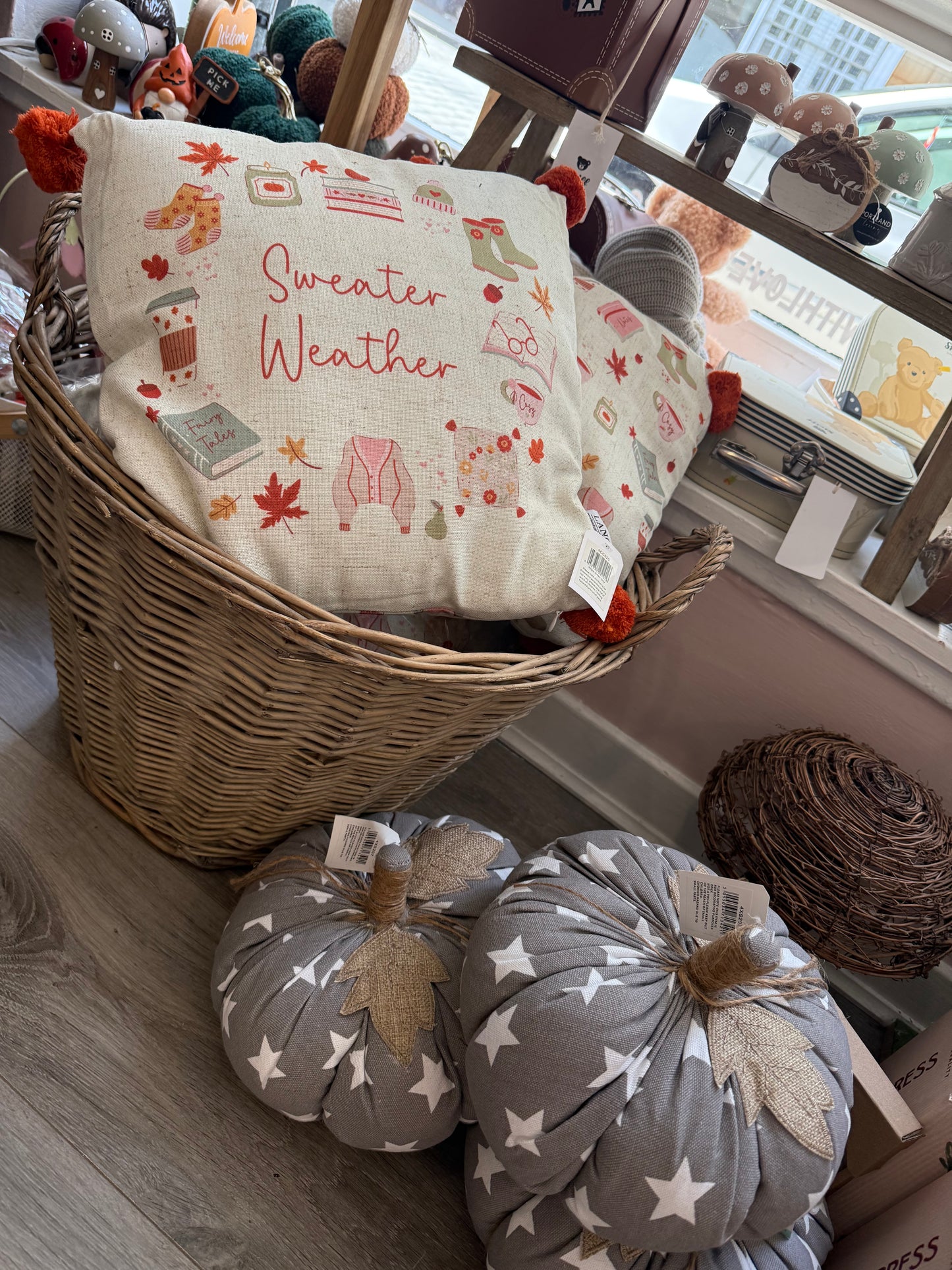 Pumpkin Doorstop Grey Fabric with White Stars & Linen Stem+