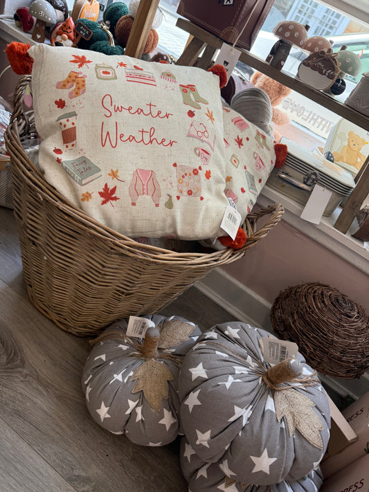 Pumpkin Doorstop Grey Fabric with White Stars & Linen Stem+
