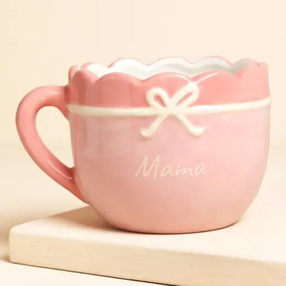 Pink Ceramic Scallop Edge Bow Mama Mug