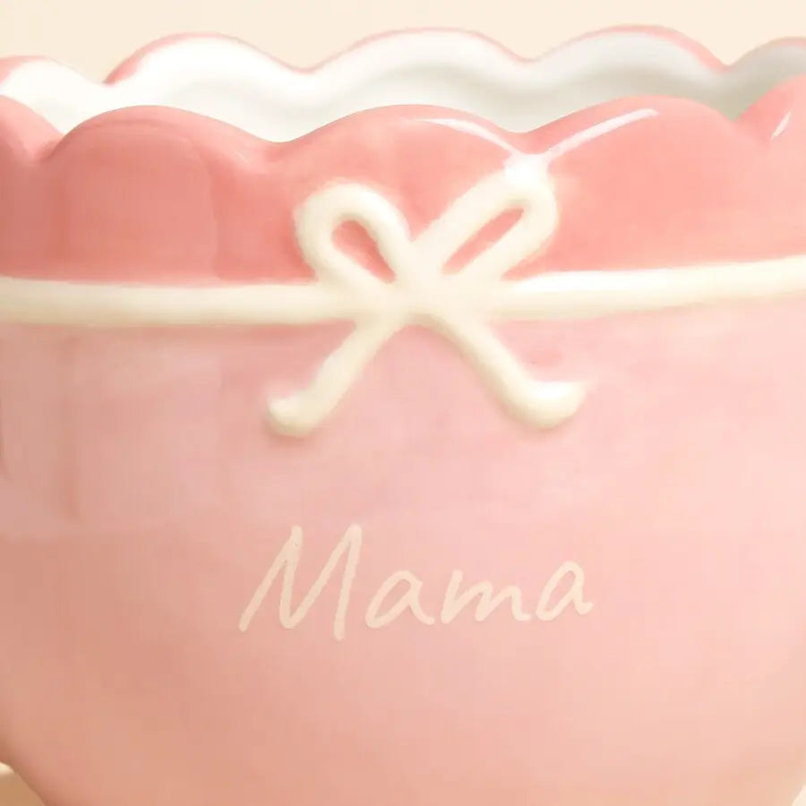 Pink Ceramic Scallop Edge Bow Mama Mug