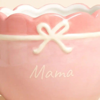 Pink Ceramic Scallop Edge Bow Mama Mug