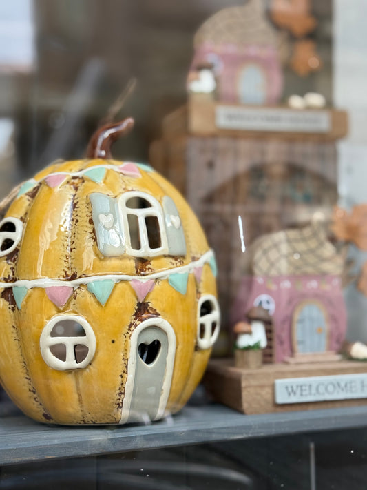 VILLAGE POTTERY PUMPKIN HOUSE TEALIGHT