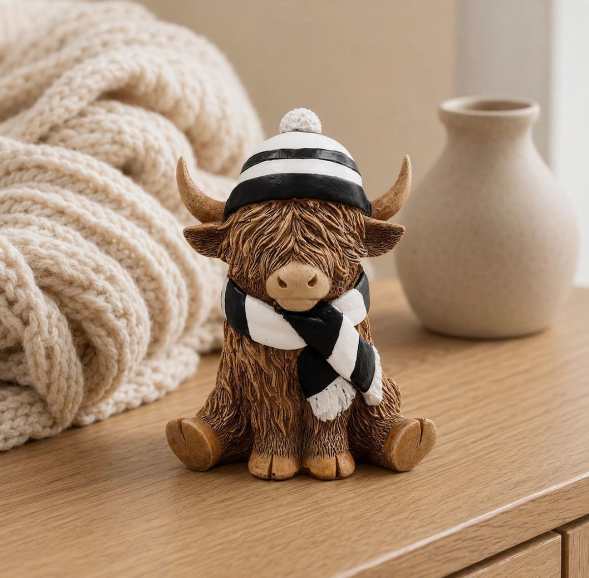 Happy Highland Cow Black and White Scarf Hat Figurine  Ornament