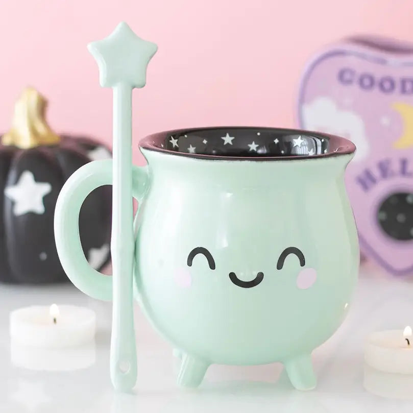 Mint Green Kawaii Cauldron Halloween Mug with Wand Stirrer