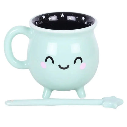 Mint Green Kawaii Cauldron Halloween Mug with Wand Stirrer