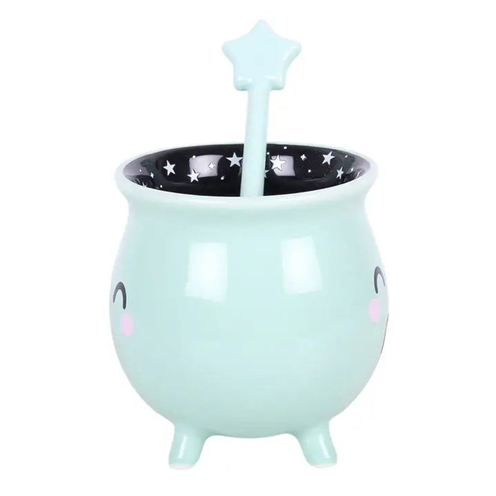 Mint Green Kawaii Cauldron Halloween Mug with Wand Stirrer