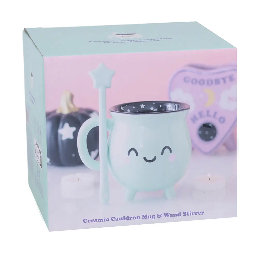 Mint Green Kawaii Cauldron Halloween Mug with Wand Stirrer