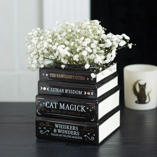 Black Cat Magick Book Stack Shaped Vase