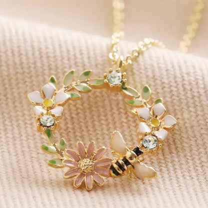 Crystal Flower and Bee Droplet Necklace