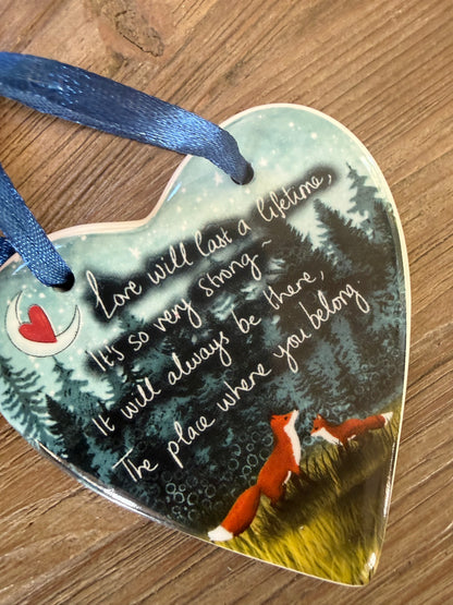 Fox Under the Moon Heart ceramic Hanging Decorations
