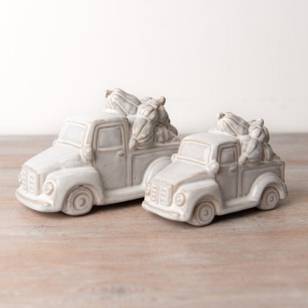 Glazed neutral ceramic Truck Ornament With Pumpkins