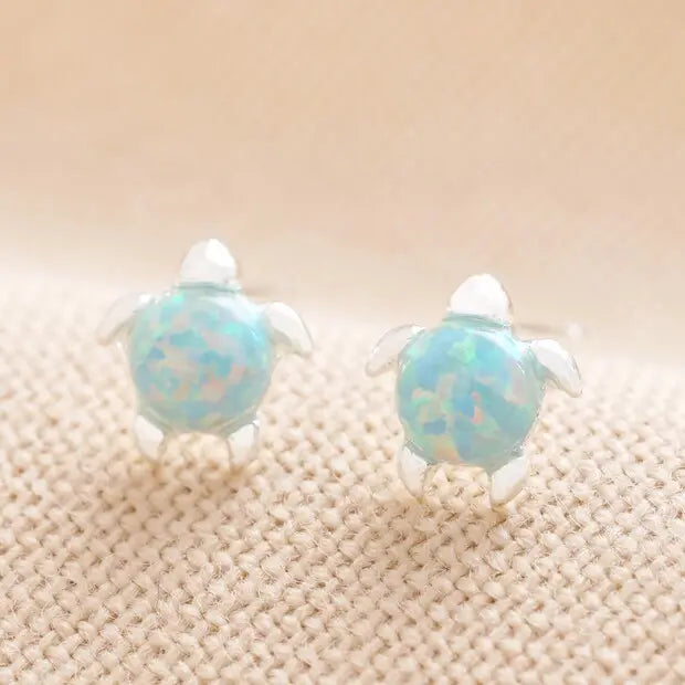 Green Opal Turtle Stud Earrings in Silver