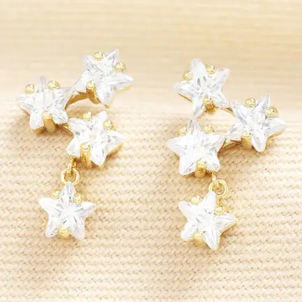 Crystal Triple Star Stud and Charm Earrings in Gold
