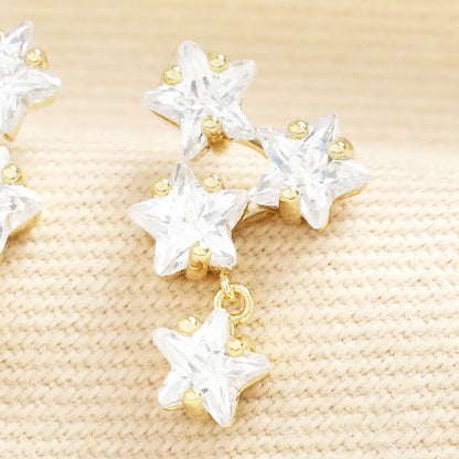 Crystal Triple Star Stud and Charm Earrings in Gold