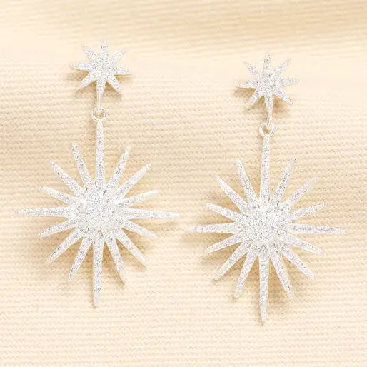 Large Crystal Double Star Drop Earrings in Silver