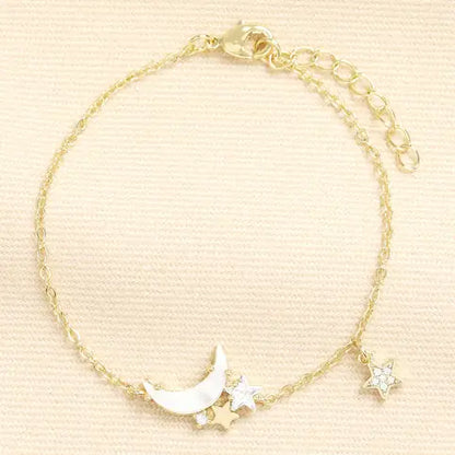 Mother of Pearl Moon and Star Charm Bracelet in Gold