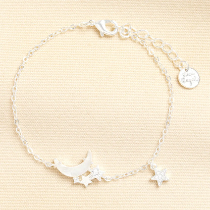 Mother of Pearl Moon and Star Charm Bracelet in Silver