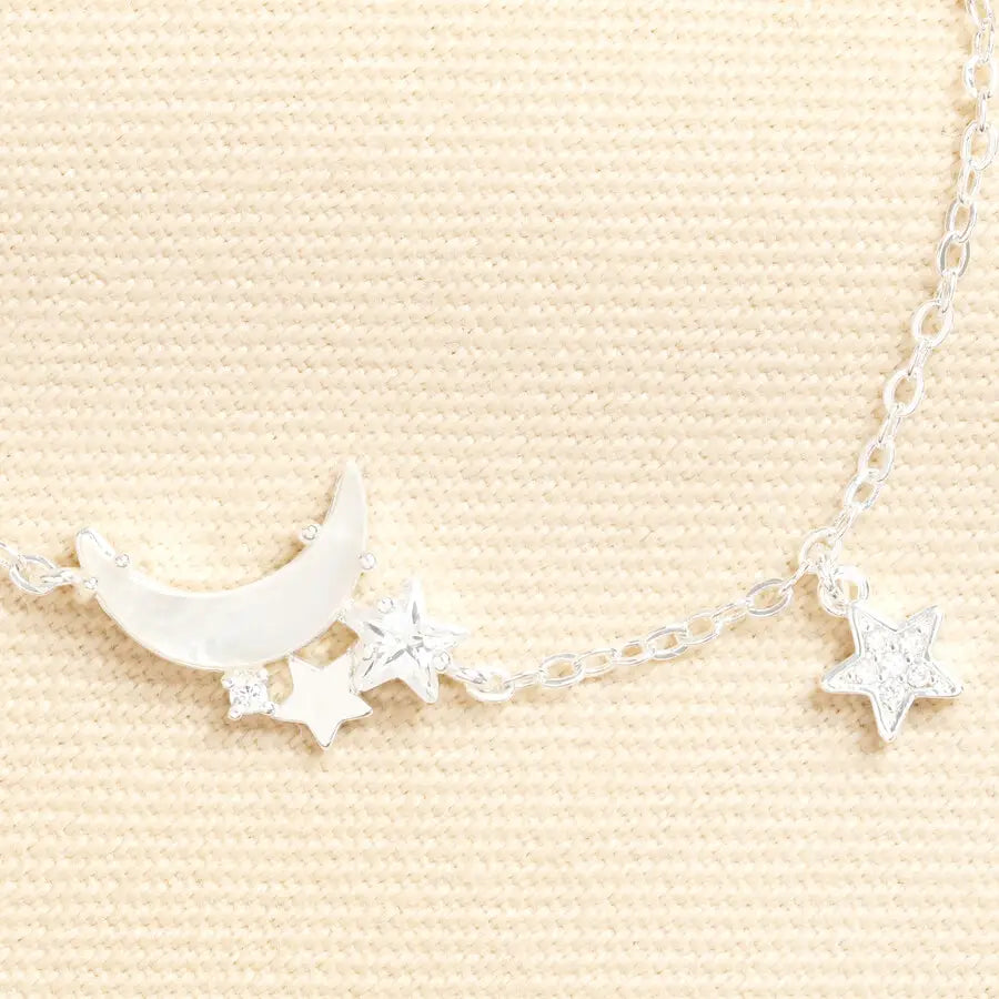Mother of Pearl Moon and Star Charm Bracelet in Silver