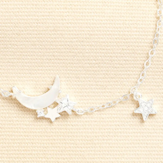 Mother of Pearl Moon and Star Charm Bracelet in Silver