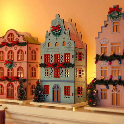 Battery Powered Wooden Blue Led House Light Decoration