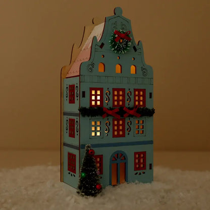 Battery Powered Wooden Blue Led House Light Decoration