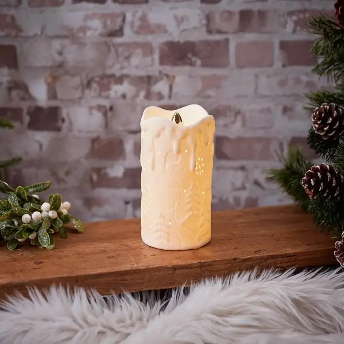 Xmas Led House Scene Candle Ornament Large White Embossed Ceramic