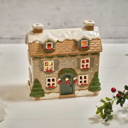 Holly Cottage Stoneware House with Dormer Windows Candle Holder