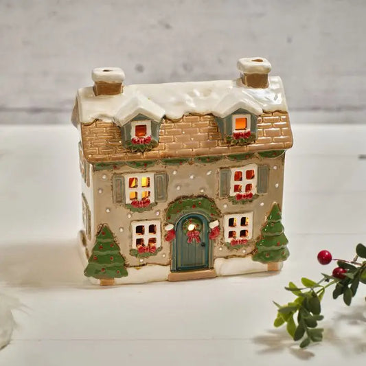 Holly Cottage Stoneware House with Dormer Windows Candle Holder
