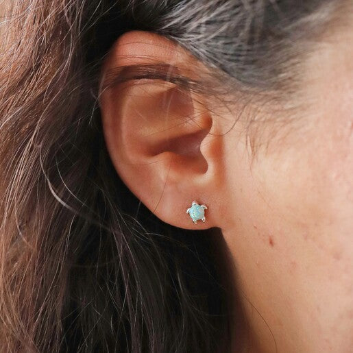 Green Opal Turtle Stud Earrings in Silver