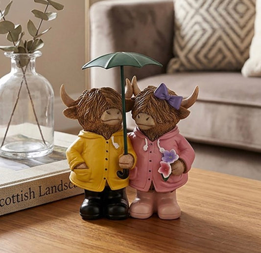 Double Highland Cow with Umbrella Ornament