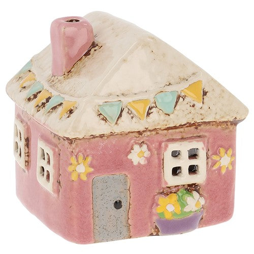 Village pottery - Pink Bunting Cottage Tea Light Holder – Rustic Ceramic Candle House